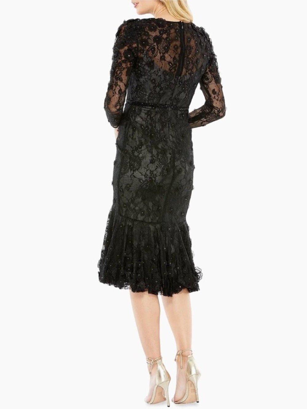 Mac Duggal Size 4 67703 Black Floral Appliqué Long Sleeve Cocktail Midi Dress - Picture 2 of 14